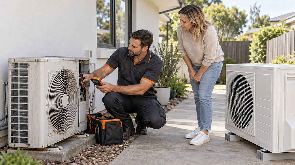 HVAC technician inspecting an older outdoor air conditioner beside a replacement unit at an Australian home.