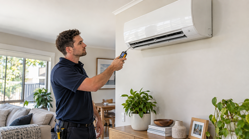 HVAC technician inspecting a split-system air conditioner blowing warm air in an Australian home.