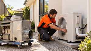 Australian HVAC technician installing a modern ducted reverse-cycle heat pump beside an older gas ducted heating unit removed during a home heating conversion.