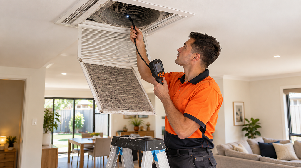 HVAC technician inspecting a dusty ceiling air duct and return air filter in an Australian home to check whether duct cleaning is needed.